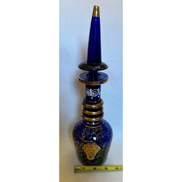 Vintage Bohemian Persian Hand-Painted Cobalt Blue & Gold Glass Decanter - Picture 12 of 13